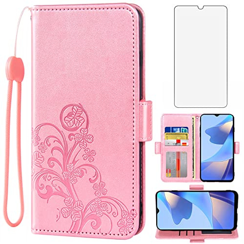 Asuwish Compatible with OPPO A16/A16S/A54s Wallet Case and Tempered Glass Screen Protector Flip Purse Accessories Wrist Strap Credit Card Holder Stand Cell Phone Cover for CPH2273 Women Men Rose Gold