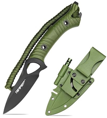 TONIFE Explorer Couteau à Lame Fixe avec Gaine 8cr14mov Lame Couteau de Survie Multifonctionnel Manche en Nylon Renforcé de Fibre de Verre pour Couteau EDC Extérieur(Vert+Noir Titane)