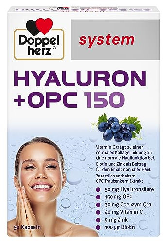 Doppelherz system HYALURON + OPC 150: 50 mg Hyaluronsäure + 150 mg OPC aus Traubenkern-Extrakt - Vitamin C als Beitrag zu einer normalen Kollagenbildung für eine normale Hautfunktion, 30 Kapseln