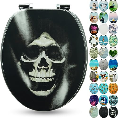 SANFINO® Premium WC Sitz mit Absenkautomatik – hochwertige Toilettendeckel aus Holz, viele bunte Motive, hoher Sitzkomfort, einfache Montage inklusive Montageanleitung – Skull