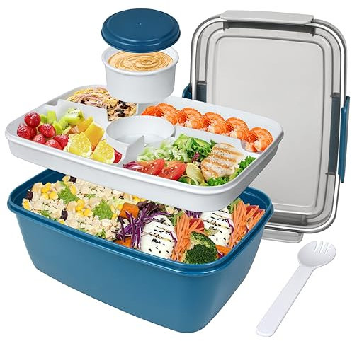 Salad Containers, 2000ml Large Salad Lunch Box for Adults, Leak Proof Salad Bowl Bento Boxes with 5-Compartment Tray, Lid, Dressing Pots, Cutlery for Work Picnic Packed Food Fruit Snack, Blue