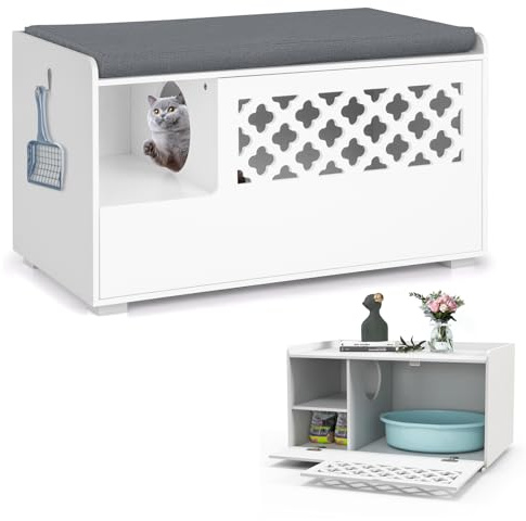 COSTWAY Katzenschrank für Katzentoilette, 4 in 1 Katzenhaus Schuhbank Beistelltisch, Katzenhöhle mit Eingang & Haken & abnehmbarem Kissen, Katzenklo Schrank Katzenmöbel, Katzen Hunde Haustier, Weiß