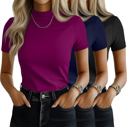 Ficerd Paquete de 3 Camisetas de Mujer con Cuello Alto, Manga Corta, Estilo Ajustado e Informal, Ideales para el Verano