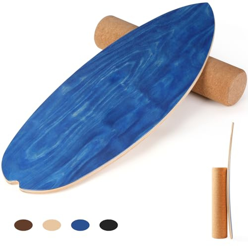 Cowiewie Balance Board Holz Set mit Korkrolle für Anfänger | 15mm Dickes Wackelbrett bis 150kg – Rutschfester Gleichgewichtstrainer & Indoor Surfboard Set für Erwachsene & Einsteiger