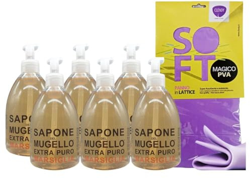 Sapone Extra Puro,MARSIGLIA, Per Mani, Viso e Corpo, Con Estratto Biologico Di Foglia Di Olivo 500ml + Panno SOFT In Lattice, Formato 30x30cm (6 Unità + Panno)