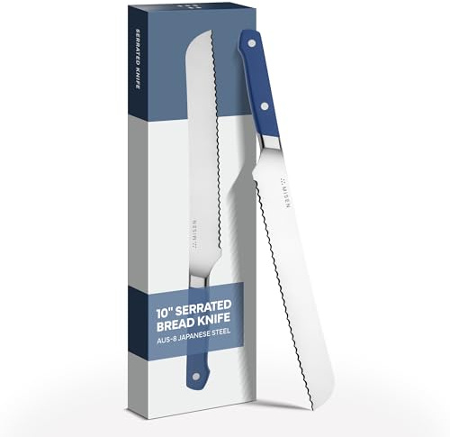 Misen Serrated Bread Knife - High-Carbon Japanese AUS8 Steel - Perfect for Soft Foods, Bread, Pastries, and Fruits - Verstatile Slicer, Razor-Sharp Edge, Durable Blade, Ergonomic Handle - 10, Blue