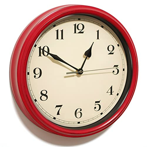 AYRELY® 28cm Vintage Wanduhr analog – Retro Wanduhr lautlos, Batteriebetrieben, dekorative Uhr für Wohnzimmer, Küche, Schlafzimmer, Bad oder Landhaus-Deko (Rot)