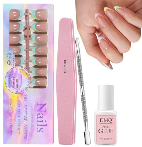 DMQ French Press On Nails Short, 150Pcs Brighter Pastel French Tip False Nails Kit with Glue, Almond Fake Nail Tips, Full Cover Stick on Nails for Women Girls French Nail Art Manicure Decorations