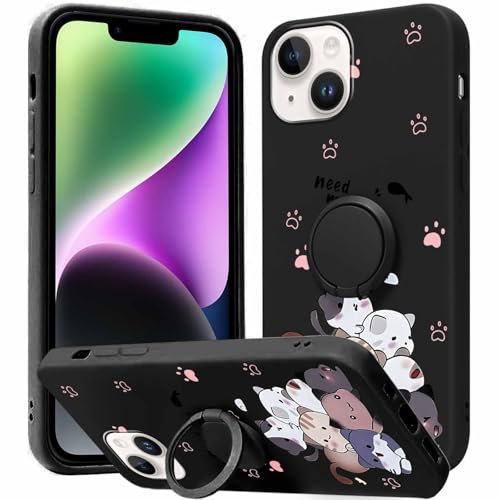 Yoedge Phone case for iPhone 15 6.1 inch, 360°Magnetic Ring Holder Kickstand Soft Silicone TPU Shockproof Anti-Scratch Protective Resistant Fashion Seven Cat Pattern for iPhone 15