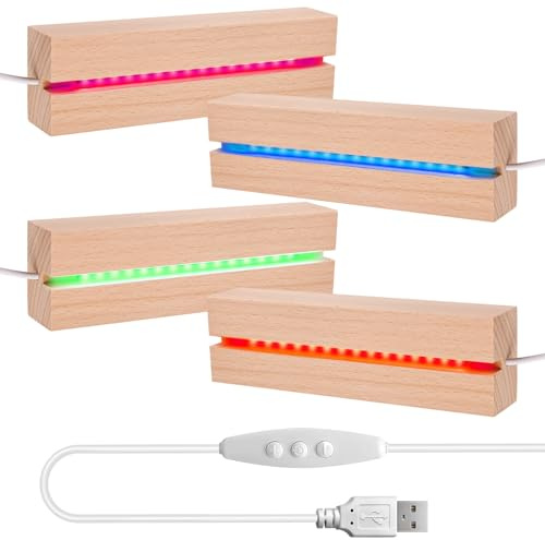 Lot de 4 socles LED en bois - 7 couleurs - Rectangulaire - En bois - Ornements de socle lumineux USB - Socle LED pour verre acrylique - Base d'affichage LED pour bloc de verre, cristaux (7 couleurs)