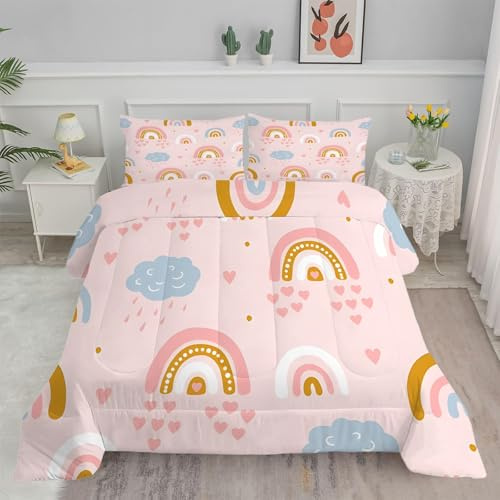PNHCL Piumino Singolo 4 Stagioni Cuore Rosa Piumone Letto Singolo Bambino 140x200 cm Super Morbida Trapunta in Microfibra per Tutte le Stagioni, Lavabile in Lavatrice - Carino Arcobaleno
