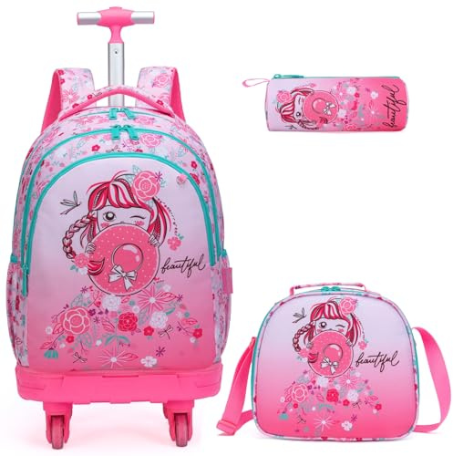 Egchescebo Set di 3 zaini con rotelle 45,7 cm per ragazze e ragazzi con borsa per il pranzo e astuccio, borse scolastiche, 18, Zaini da viaggio