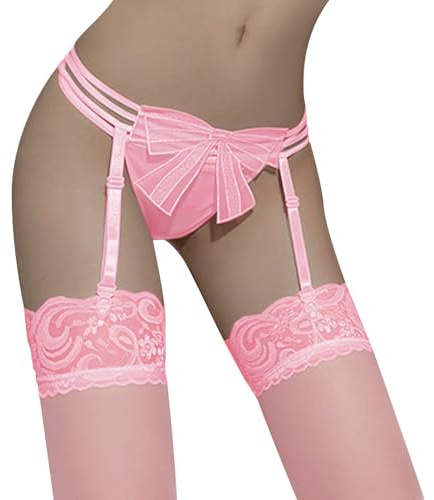 GIVTULIP Lace Suspenders and Stockings Set Women Garter Belt 3 Pieces Mesh Lingerie Set Plus Size Garter Pantyhose Thong Stretch Lingerie Garters with 4 Sturdy Clips Boudoir Accessories Black Pink