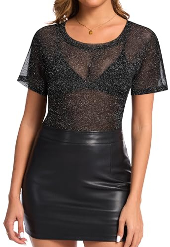 Kiiwah Maglietta Trasparente Donna, Glitter Manica Corte Maglie in Rete Sexy Camicette Mesh Tops Maglie Trasparente Elegante Camicette Nero T-Shirt in Tulle Tunica Bluse Clubwear