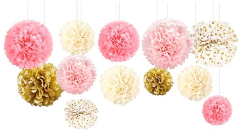 AOBKIAT Birthday Decorations for Girls Women,12PCS Pink Gold Tissue Paper Pom Poms,for Party,Wedding,Baby Shower,Bridal Shower,Princess Party