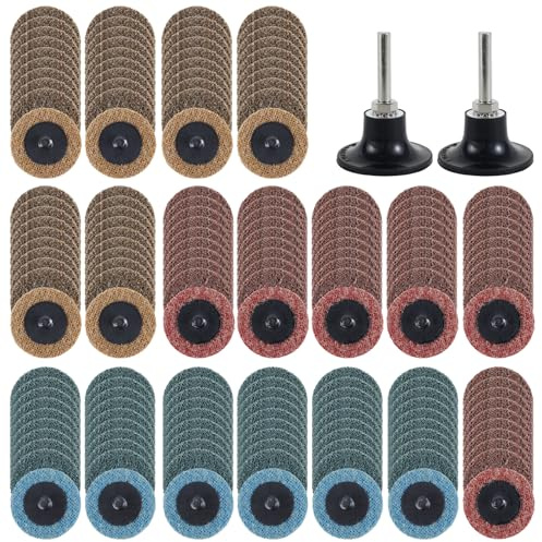 VMBQRTI 180 dischi abrasivi in nylon da 5,1 cm con grana fine, media, grossa e due supporti da 1/4. Ideali per sbavare e levigare plastica, vetro e altro ancora. Facile da sostituire per una finitura