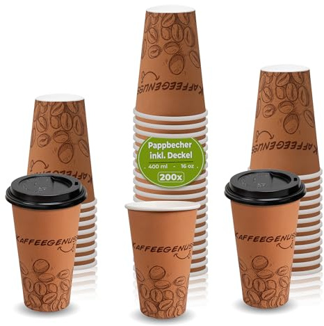 MH QUALITY 200x Kaffeebecher to go einwandig Dunkelbraun 400 ml / 16 Oz mit Deckel Schwarz 200 Stück