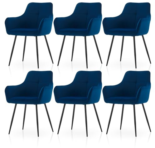 Esszimmerstühle 6er Set mit Armlehne Moderne Esszimmerstuhl 150 kg Belastbar Polsterstuhl Küchenstuhl Stühle Bequem mit Gepolsterter Sitz, Metallbeinen und Rückenlehne für Esszimmer Küche, Blau Samt