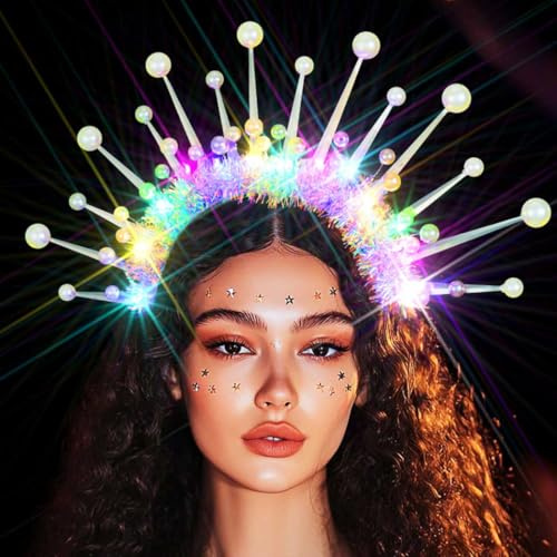 Evlry LED Perlen Stirnband Leuchtend Festival Kopfschmuck Glitzer Karneval Halloween Haarschmuck für Damen