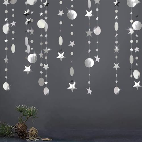 DazzJoy Hängende Girlanden Papier,4M x 3 Silber Girlande Sterne,Girlande Kinderzimmer,Rund und Stern Girlanden für Party Deko Silvester Karneval Silberhochzeit Jubiläen Hochzeit Kindergeburtstag Deko