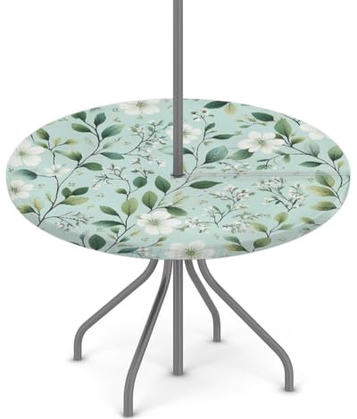 Woltant Tovaglia rotonda con foro per ombrellone e cerniera, facile da pulire, con bordi elastici, protezione per tavolo da giardino, patio, barbecue (rami floreali blu verdi)