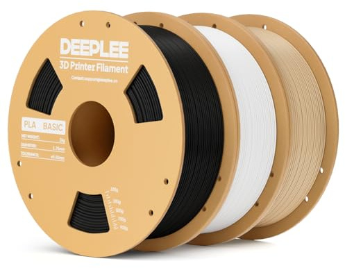 DEEPLEE Filamento PLA Basic 1.75 mm, Pack 3 kg: Nero + Bianco + Beige (3×1 kg), Precisione ±0.02 mm, Avvolgimento Antiostruzione per Stampanti FDM