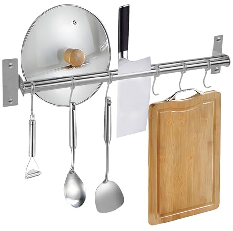 Wsetyy Kitchen Utensil Rack Stainless Steel, 40CM Utensil Rail with 6 Movable Hooks, Pot Pan Hanger Rack, Self Adhesive or Drill (Silver)