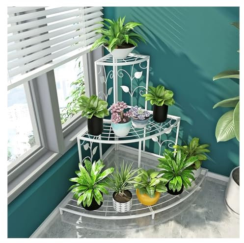 Supporto per piante in metallo a 3 livelli, mensola angolare per interni ed esterni, espositore per vasi da fiori in ferro, scala salvaspazio per giardino, balcone, soggiorno (bianco, 75 x 75 x 84,5