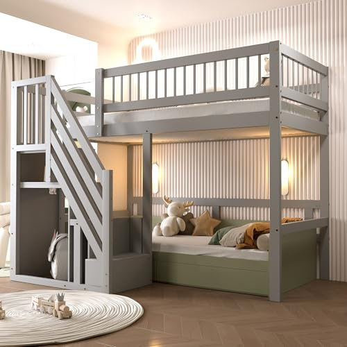 WIZBED Hochbett 90 x 200 mit Kleiderschrank, Treppe, Kinderbett Holzbett mit rausfallschutz, Etagenbett Stockbett Funktionsbett,ohne Matratze,Grau