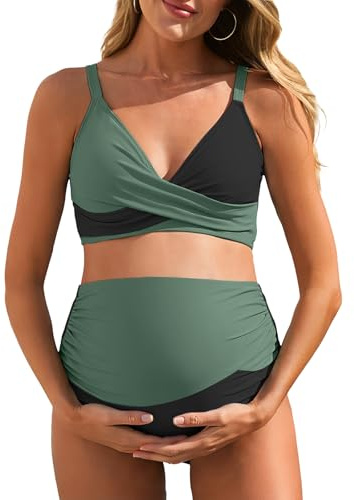 Summer Mae Maternity Bikini Swimsuit Color Block Two Piece Criss Cross V Neck Bathing Suit High Waist Pregnancy Swimwear Green 12