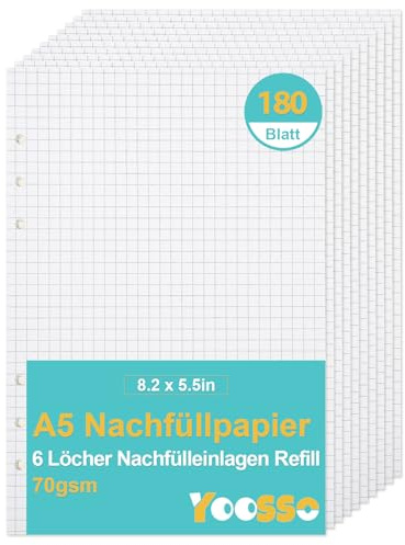 180 Blatt A5 Nachfüllpapier Kariert, 6 Löcher Ringbuch | 70 G/M² Papier A5 Nachfüllbar Refill Paper, 5 Mm Raster, Passend Für A5 6-Ring-Ordner, Für Notizen, Skizzen Und Planung