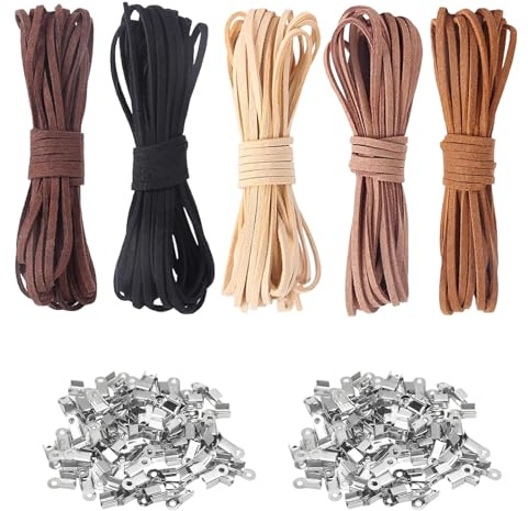 Lederband für Ketten, 5 Farben Flaches Lederband Set mit 100 Verschlüssen, Reißfestes Lederbänder für DIY Armband Halskette Basteln Schmuck Handwerk