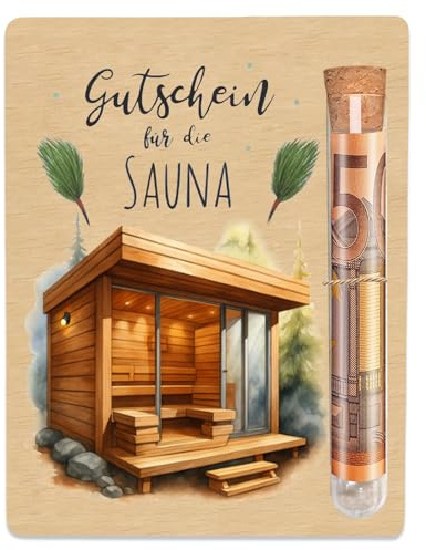 Sauna Gutschein Geldgeschenke Holz 13 x 10 cm, Lustige Sauna Zubehör, Originelle Geldgeschenke Verpackung mit Reagenzglas, für Hochzeit Geburtstag Jubiläum Geld Geschenk Geldgeschenke Sauna