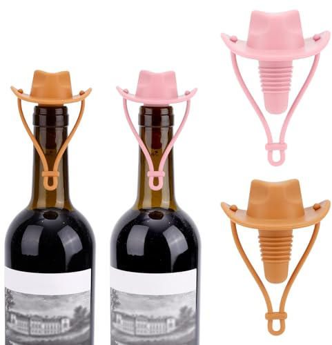Goktvai 2pcs Cowboy Hat Wine Stoppers, Reusable Silicone Champagne & Sparkling Bottle Savers Leakproof Bottle Sealer for Freshness Cute Wine Accessories for Home Bar (Pink, Wheat Color)