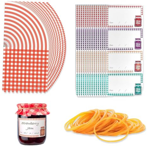 fKiZanthene Jam Jar Labels and Paper Doilies Set 50 Pieces with Rubber Bands for Jar Sealing and Kitchen Organisation
