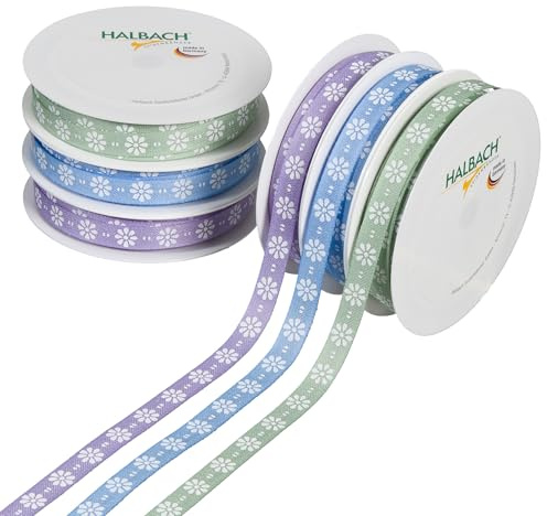 Halbach Frühling Geschenkband Set, 6 Rollen Dekoband, Lavendel/blau/mint | 2 x 3 Rollen hamonisch aufeinender abgestimmte bedruckte Schleifenbänder, Made in Germany für Geschenke und DIY-Projekte