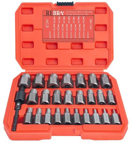 27-Piece Screw Extractor Set, Impact Double-Head Bolt Remover Kit, 3/8 Inch Hex Head Multi-Spline for Removing Stripped, Rounded, Damaged, Broken Screws, Bolts, Studs