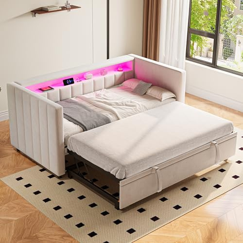 Yihomfy 90x190 Tagesbett mit Ausziehbett und Ladestation, Gepolstertes Bettgestell mit Stauraum im Kopfteil und LED, Sofa-Tagesbett für Wohnzimmer, Schlafzimmer und Gästezimmer (Beige, Type-B)
