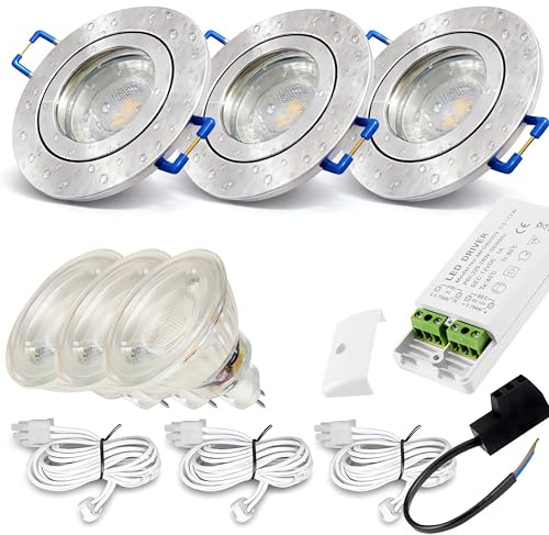 Lichtfaktor24 LED Einbaustrahler 12V IP44 – 3er Set • 3W • 250lm • Warmweiß (3000k)• rund • inkl. LED Trafo & 120cm AMP Kabel • Feuchtraum Spots für Bad, Dusche, Küche & geschützten Außenbereich