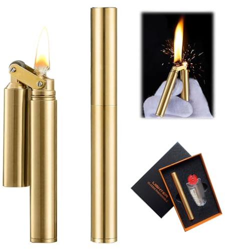 Herbst Mechero vintage dorado, fino, 83 x 10 mm, recargable | Wheel Mecánico Mechero Regalos para Hombres (Bronce)