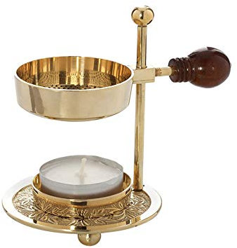 NKlaus Verstellbares Räucherstövchen Weihrauchbrenner Messing mit Holzgriff Gold Räuchergefäß klein 1522