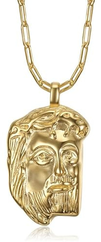 BOBIJOO Jewelry - Pendentif Tête de Christ Jésus Petit Modèle 30x20mm Acier Or Doré Plaqué et Chaîne Trombone 55cm