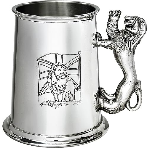 Pewter Tankard 1 Pint with Union Jack and Lion Rampant Handle Pure Heavy Gauge Beer Tankard Perfect for Engraved Personalised Gifts for Men and Women
