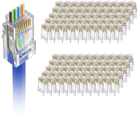 VCE RJ45 Connector Pass Through Cat6 100 Pack, Ethernet RJ45 Plug for Cat6/Cat5/Cat5e UTP Solid & Stranded Network