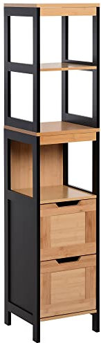 kleankin Columna de Baño Estrecha Armario Alto para Baño con 3 Estantes y 2 Cajones Estilo Moderno 30x30x144,3 cm Negro y Natural