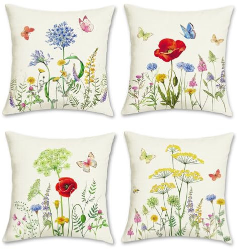 Bonhause Garden Floral Cushion Covers 45 x 45 cm Both Sides Flower Butterfly Decorative Throw Pillow Covers for Sofa Bed Patio Summer Outdoor Decor Set of 4