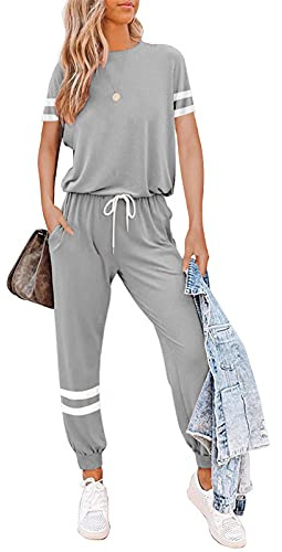 Litthing Tenue Décontractée Femme Ensemble Casual Survêtement Jogging, Pyjama Nuit Col Rond T-shirt Manches Longue/Manches Courtes + Pantalon/Shorts Taille à Serré, Printemps été Tenue Interieur