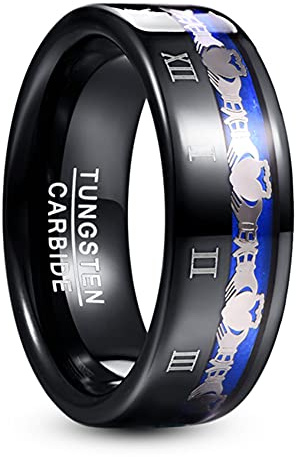 TUNGSTORY 8mm Bague en Tungstène Noir pour Femme Incrusté de Motif Claddagh Chiffres Romains Gravés Confort Fit Taille 62(19.7)