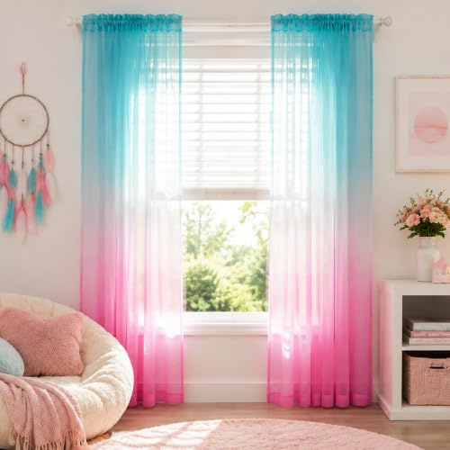 KOUFALL Kinder-Vorhänge, 213 cm Länge, für Mädchen, Aquamarin und Rosa, Schlafzimmerdekoration für Mädchenzimmer, Wohnzimmer