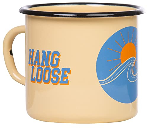 MUGSY Emaille Tasse, Hang loose, 330 ml, Wellen Motiv, Surf, Strand, Sonne, Camping Ausrüstung, beige